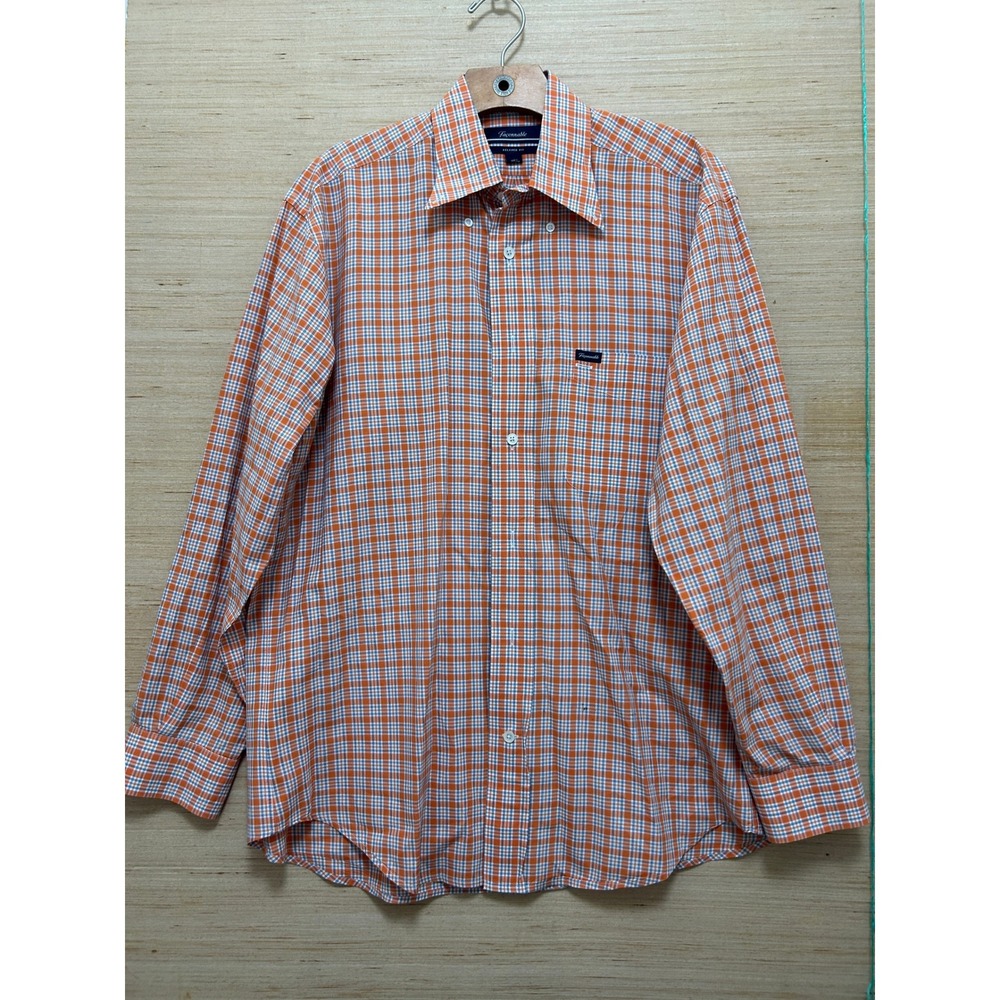 Faconnable Mens Relaxed Fit Orange Blue Check Long Sleeve Button Down Shirt S